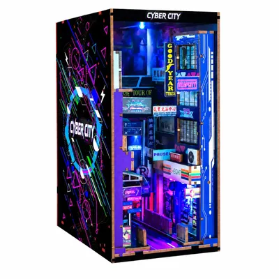 Obrázek produktu pro THAR Book Nook Cyber City – Miniaturní město s LED osvětlením, stavebnice z dřeva, 196 dílů, rozměry 23 x 18 x 11 cm