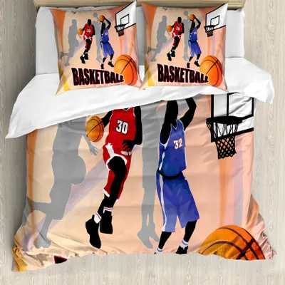 Produktbild von ABAKUHAUS Basketball Bettbezug, Weinlese-Basketball in der Kunst, Milbensicher Allergiker geeignet mit Kissenbezügen, 155 cm x 220 cm - 80 x 80 cm, Orange Schwarz
