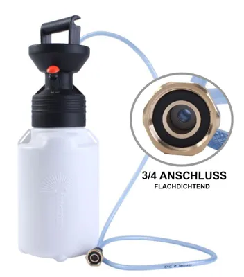 A white plastic pump with a black top and a blue hose, shown with a close-up inset of a brass connector.