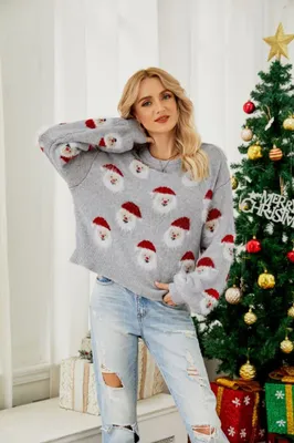 Produktbild von ASKSA Weihnachtspullover Damen Sweatshirt Rundhals Christmas Pullover Langarmshirt Oberteil, Grau, M