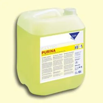 A large yellow plastic container of cleaning fluid with a label.