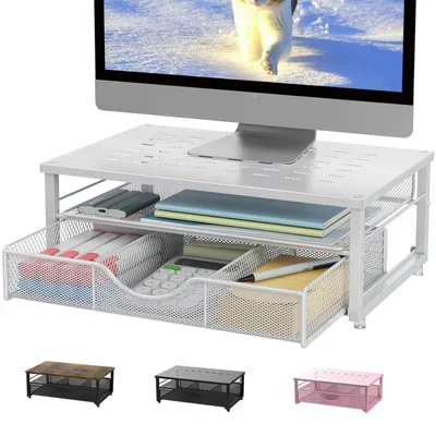 Zdjęcie produktu dla Podstawka pod monitor z szufladą, organizer na biurko, stojak na drukarkę, kolor biały
