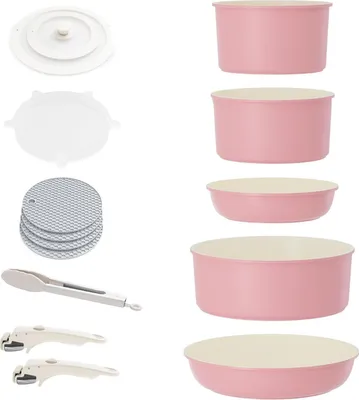 Productafbeelding van Inductiekookplaat pannenset met afneembare handgrepen, antiaanbaklaag, kleur: roze