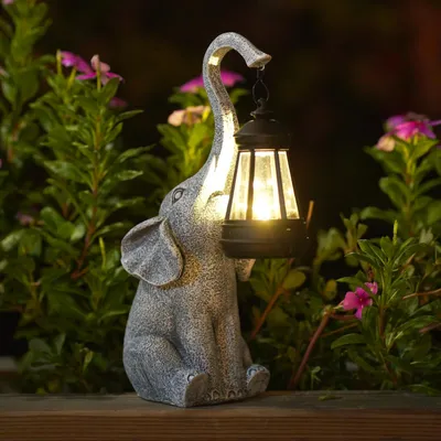 Productafbeelding van Olifantbeeldjes met zonnelampen – 27,5 cm grote olifantbeeldjes voor buiten, met LED-verlichting op zonne-energie, geschikt voor tuin/erf, decoratie, als gelukssymbool, olifant, cadeau voor vrouwen
