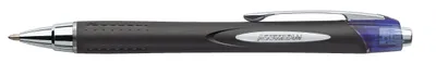 A studio shot of a black and silver pen with a blue transparent cap.