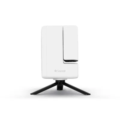 A white smart telescope on a black tripod, isolated on a white background.