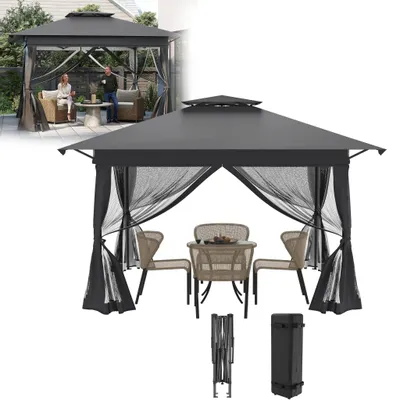 Produktbild von XINZI Pop Up Pavillon Faltpavillon mit One Push-Technik, Doppeldach, höhenverstellbar für Patio Familientreffen (Beschattungsfläche: 4x4m) Anthrazit