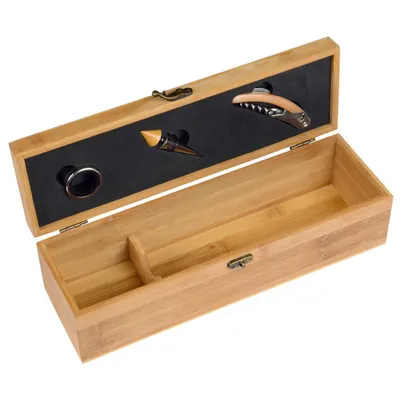 Produktbild von Holzkiste 36,5x11,3x10,5cm Weinkiste Holz für 1 Weinflasche mit Zubehör Braun