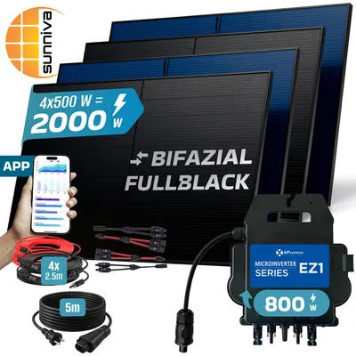 Produktbild von SUNNIVA® 2000W Balkonkraftwerk BIFAZIAL FULLBLACK komplett Steckdose AP Systems EZ1-M 800W Wechselrichter, Komplettset 4x 500W Solaranlage Solarmodule
