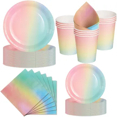 Partyservies Regenbogen, 50-teilig, Pappteller, Becher, Servietten