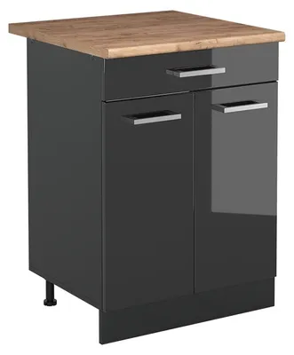 Productafbeelding van Onderkast keukenmeubel Vicco R-Line, antraciet glanzend/antraciet, 60 cm, met lade, werkblad in eikenhout Goldkraft, model 61075