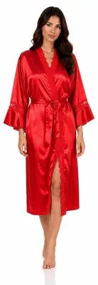 Produktbild von Damen Satin Morgenmantel Kimono mit Spitze Seidenoptik Hausmantel Rot S/36