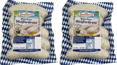 Produktbild von Food-United Weißwürste Packung 2x300g, Münchner-Weißwürste aus Bayern von ZIMMERMANN Fleischwerke, Brühwürste passend für Brotzeit und Bier, mit Petersilie Muskatblüte Zitronennote