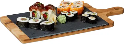 Immagine prodotto di Tagliere in bambù - Piatto in ardesia - Manico - 1,8 x 45 x 22,5 cm - Ideale per formaggi, tapas, sushi - Tagliere