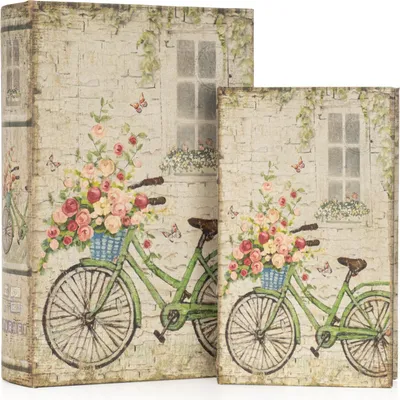 Imagen del producto de Conjunto de fundas para libros "Bicicleta vintage y flores" - 2 unidades - Caja para libros, ideal como escondite - Decoración retro para salón y oficina - 27,2x18x7 cm y 21,2x13x5 cm - Para guardar y como idea de regalo
