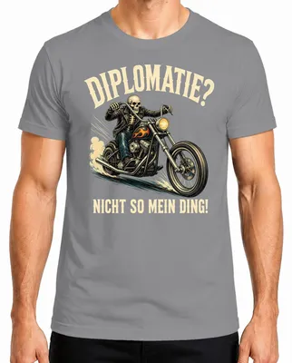 Immagine prodotto di Diplomazia: non fa per me. Maglietta da uomo, stile "scheletro", con scritta sarcastica. Colore: grigio. Taglia: S