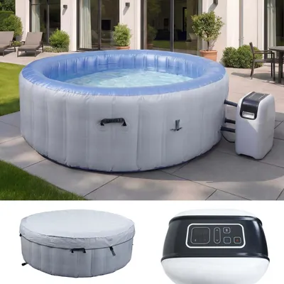 Produktbild von Whirlpool MCW-N97, 5 Personen, In-/Outdoor heizbar aufblasbar Pumpe PVC laminiert, rund Ø 198cm, grau-blau