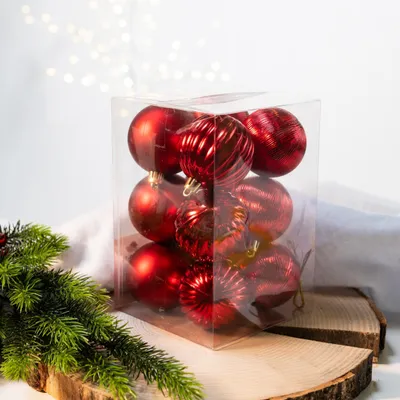 Produktbild von Kunststoff Weihnachtskugel rot - 12 Stück Ø 6cm Deko Kugel Christbaumschmuck Mix Matt Gemustert Glänzend