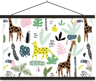 Produktbild von MuchoWow® Textilposter Dschungel - Muster - Tiere 120x80 cm mit schwarzem Rahmen - Wanddeko