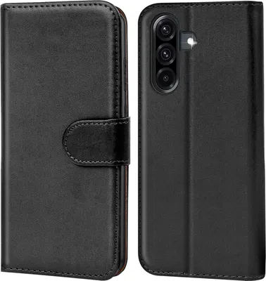 A black flip case for a smartphone is shown from the front and back.
