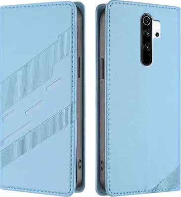 A light blue flip case for a smartphone is shown from two angles.