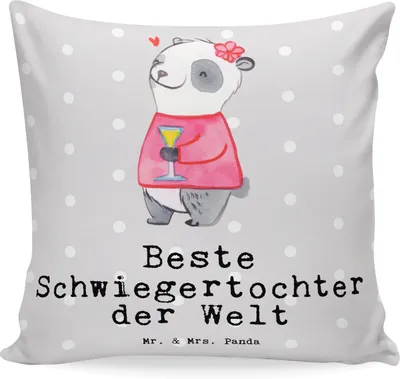 Produktbild von Mr. & Mrs. Panda Dekokissen Panda Beste Schwiegertochter der Welt - Grau Pastell - Geschenk, kuschelkissen 40x40, Kissen, Deko, Polster, Hochzeit, Sofakissen, Kuschel