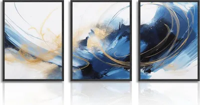 Produktbild von Abstrakte Blau Schwarz Gold Leinwandbilder 30x40cm 3er Set - Modernes Wandbild ohne Rahmen