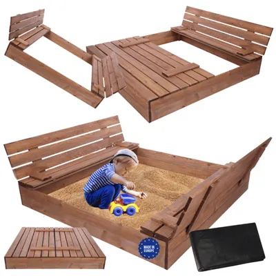 Produktbild von MODO24 Sandkasten Holz, mit Deckel, Sitzbänken, Holzsandkasten, Kinder Gartenspielzeug, Outdoor, 140x137 cm, Braun Imprägniert, PIA