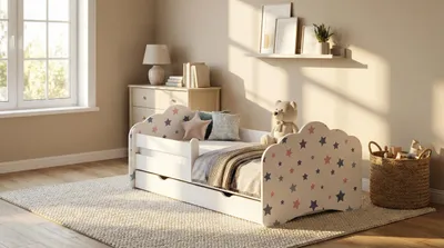 Produktbild von Happy Babies Kinderbett - Mit Matratze & Schublade und Rausfallschutz, 80x160, Mädchen Kinderbetten & Jugendbett Jungen Kids Bed