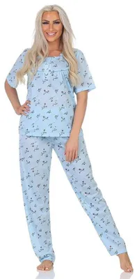 Produktbild von Damen Pyjama Hose + Shirt Schlafanzug Pyjama-Set; Blau/XL/42