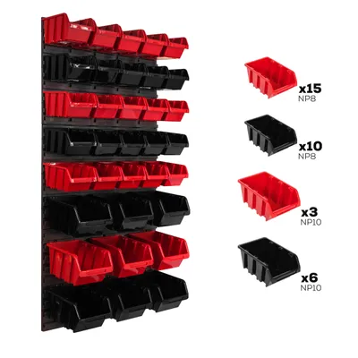 A wall-mounted storage system with red and black bins, displayed alongside individual bins with quantity labels.