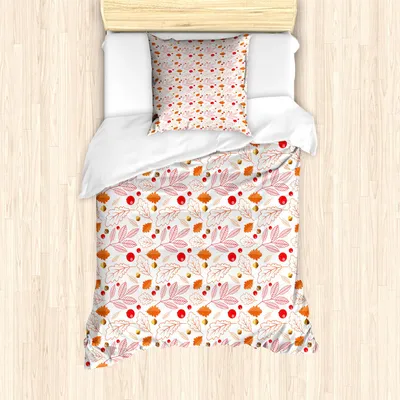 Produktbild von ABAKUHAUS Herbst Bettbezug Set, Klare Farben Blätter Acorn Rowan Beeren Kunst auf Neutraler Hintergrund, 135 x 200 cm + 80 x 80 cm, Vermilion Senf und Weiß