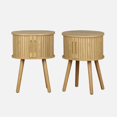 Two identical wooden bedside tables are displayed against a white background.