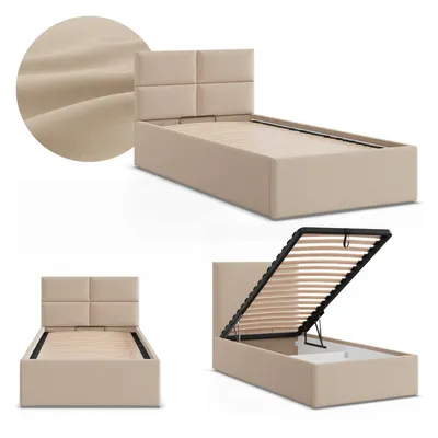 Produktbild von Einzelbett 90x200 Polsterbett BORGO mit Bettkasten, hochklappbarer Lattenrost, Stauraum, Beige Geflecht