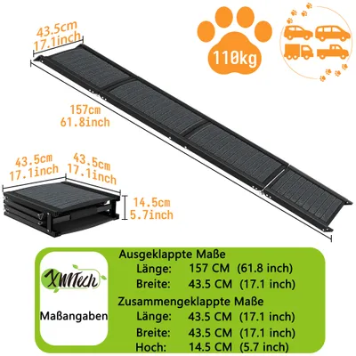 Obrázek produktu pro XMTECH rampa pro psy skládací schody pro psy 157cm rampa pro psy, rampa do kufru pro psy pro osobní a nákladní automobily a SUV, do 110 kg, lehká stabilita