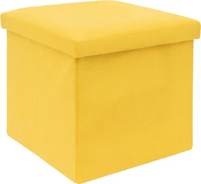 A yellow cube-shaped ottoman with a textured fabric surface.