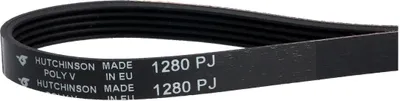A black Poly-V belt with white text and logos is shown against a white background.