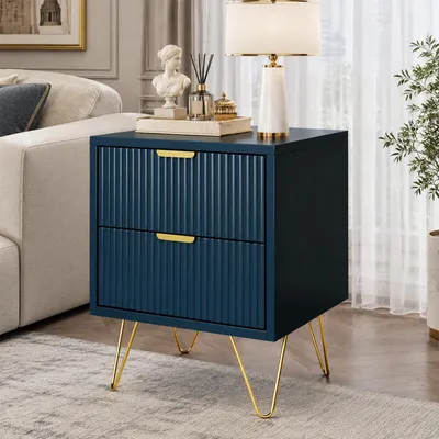 Produktbild von INONEFT Kommode mit 2 Schubladen,40x35x50cm Aufbewahrungsschrank mit Goldenen Metallgriffen und Beinen, Nachttisch,Sofatisch für Wohnzimmer,Dunkelblau