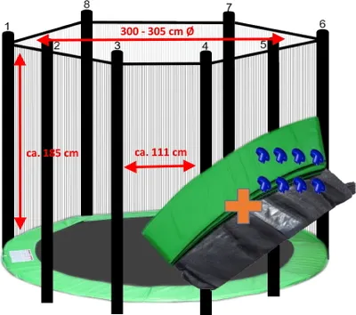 Produktbild von walexo Trampolin Randabdeckung + Sicherheitsnetz für 8 Stangensystem ( 305 cm Ø, Hellgrün/Schwarz )