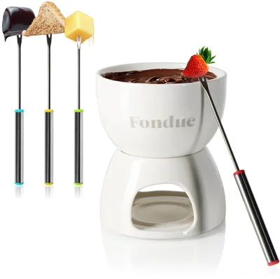 Produktbild von com-four® Premium Schokoladenfondue-Set - Keramikschale mit Teelichthalter und 4 Gabeln - Schmelztopf für Schokolade und Käse - Schmelztiegel - Dessert-Dipschale für 4 Personen - Schmelzgefäß
