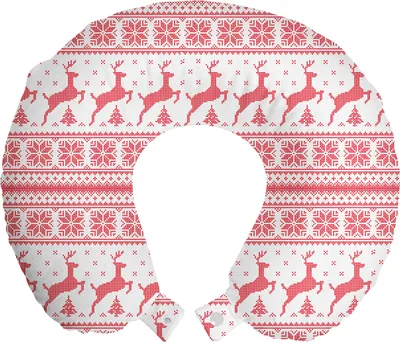 Produktbild von ABAKUHAUS nordisch Reisekissen Nackenstütze, Winterzeit Rentiere, Schaumstoff Reiseartikel für Flugzeug und Auto, 30x30 cm, Coral Weiß