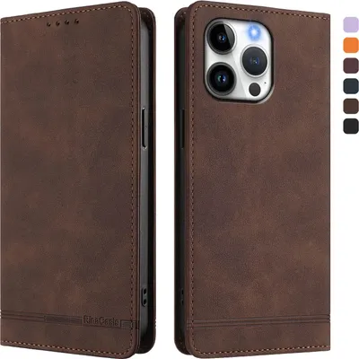 Produktbild von Hülle für iPhone 16 Pro Max, Retro Kunstleder Ständer Klapphülle mit Kartenfächer und Magnetische Braun