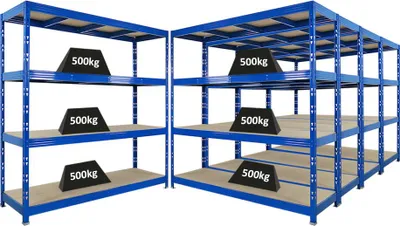 Produktbild von Mega Deal | 5x Profi Schwerlastregal Rhino | HxBxT 200x200x60cm | 4 Spanplatten-Ebenen 8mm | Fachlast 500kg | Blau