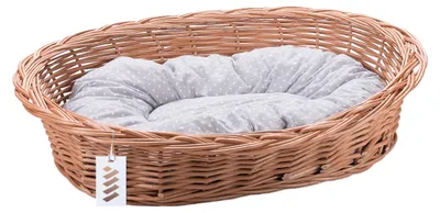 Produktbild von Wiklinowy Świat - Hundekorb Weidenbett für Haustiere Weidenkorb Hundebett Katzenbett - Natürlich warm, atmungsaktiv und stilvoll - Verschiedene Größen 85x60x18cm - grau gepunktetes kissen