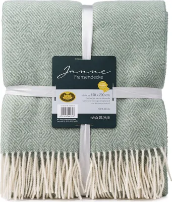 Produktbild von GÖZZE Wolldecke mit Fransen gemustert kuschelige Merino-Schurwolldecke mit natürlicher Wärme- und Feuchtigkeitsregulierung Mint Grün 150 x 200 cm