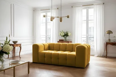 Produktbild von Sofa Designersofa SOLVIE 2-Sitzer in Stoff Tiffani Honiggelb