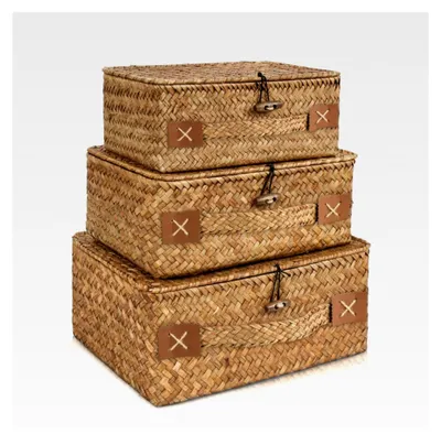 Produktbild von Rattan Aufbewahrungskorb mit Deckel, 3 Stück aus natürlichem Seegras, geflochtene Regalkörbe, multifunktionale Aufbewahrungsbox für Spielzeug, Kosmetika, Badezimmer und Toilettenpapier