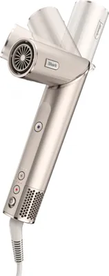 A silver Shark hair dryer with an adjustable nozzle is shown against a white background.