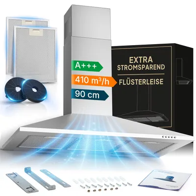 Produktbild von LEVIVO Dunstabzugshaube 90 cm Umluft & Abluft mit 410 m³/h Luftleistung, Abzugshaube mit 2 Aktivkohlefiltern, 3 Fettfiltern, Wandhaube mit 3 Stufen