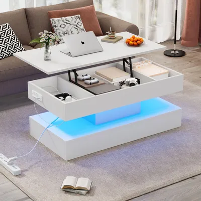 Produktbild von STILVORA 100x50x42 cm Hochglanz-Couchtisch Hydraulischer Lift-Kaffeetisch mit verstecktem Stauraum,Wohnzimmertisch mit LED-Beleuchtung,Weiß